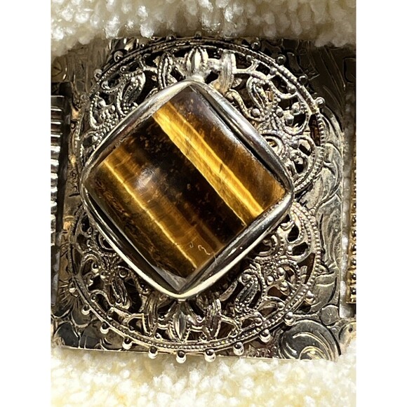 Vintage Wide Ornate Filigree Engraved Gold Tone Brown Agate Panel link Bracelet - Picture 2 of 14